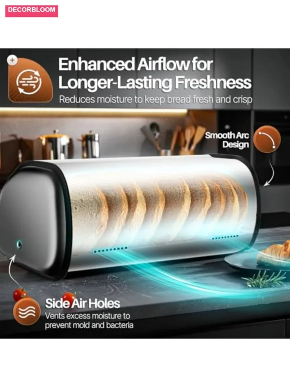 Stainless Steel Airtight Bread Box with Roll Up Lid and Window - 13 Inch